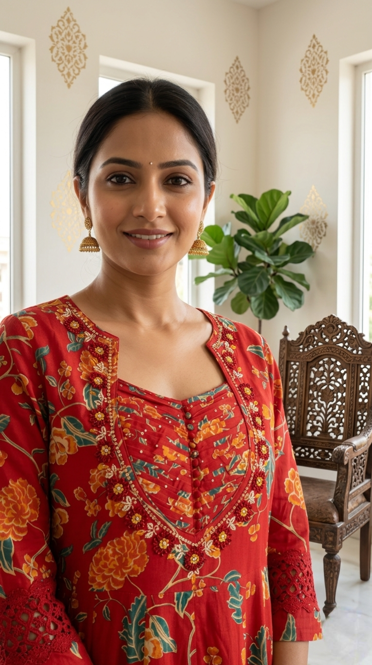 Women Rust Floral Print Zari Pearl Embroidery Cotton Anarkali Kurta Pant Dupatta Set