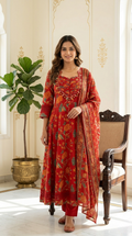 Women Rust Floral Print Zari Pearl Embroidery Cotton Anarkali Kurta Pant Dupatta Set
