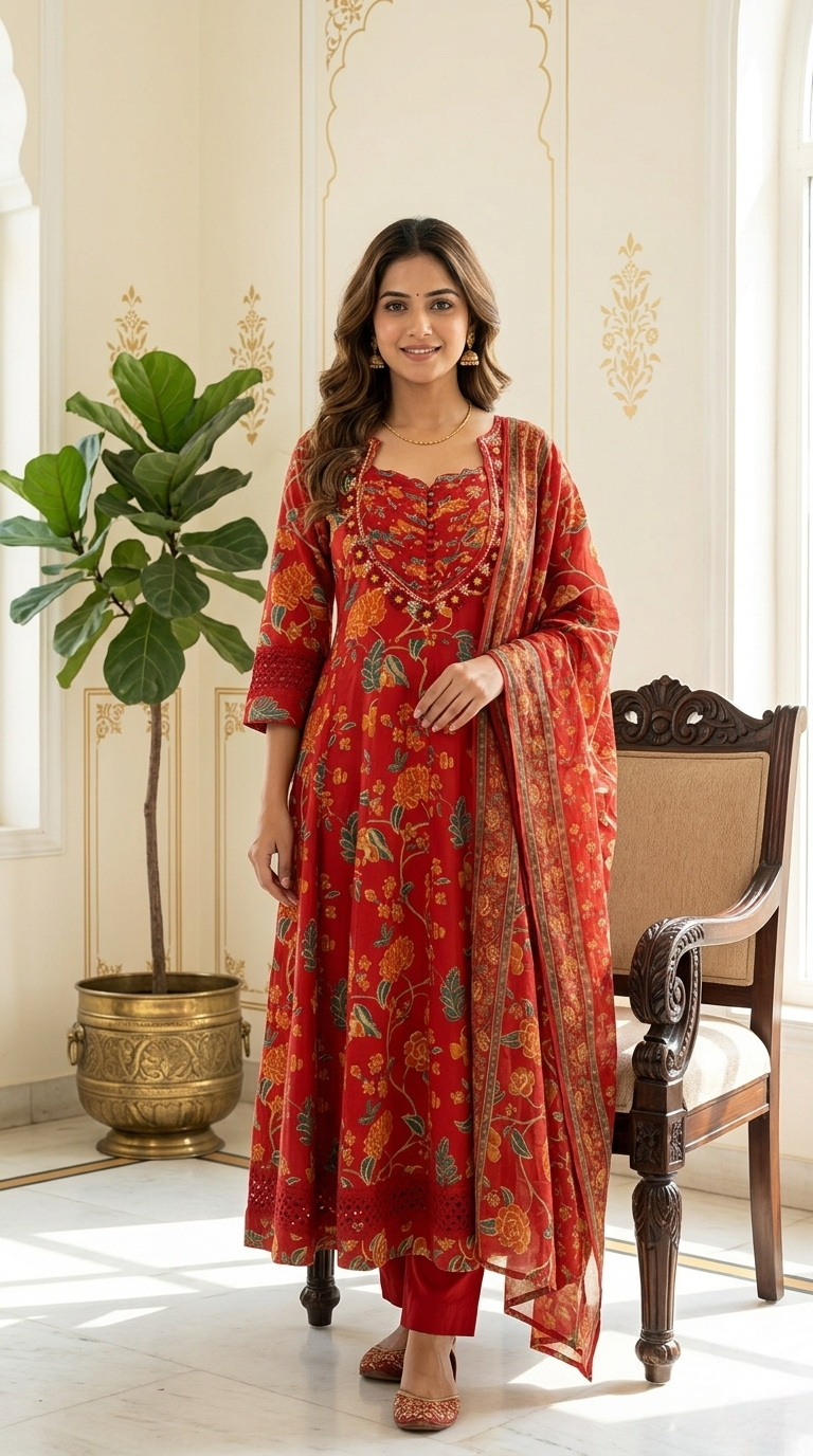 Women Rust Floral Print Zari Pearl Embroidery Cotton Anarkali Kurta Pant Dupatta Set