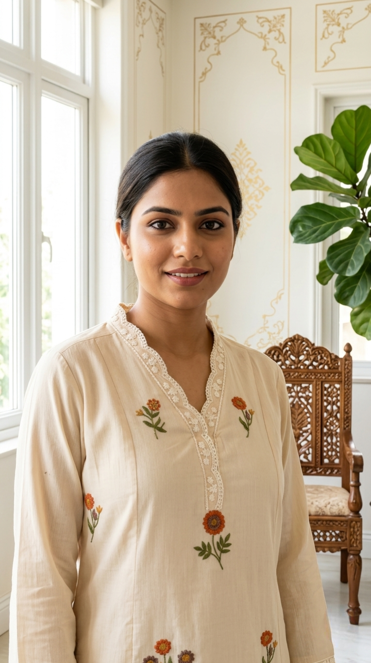 Women Beige Marigold Floral Resham Embroidery Cotton Kurta Pant Dupatta Set