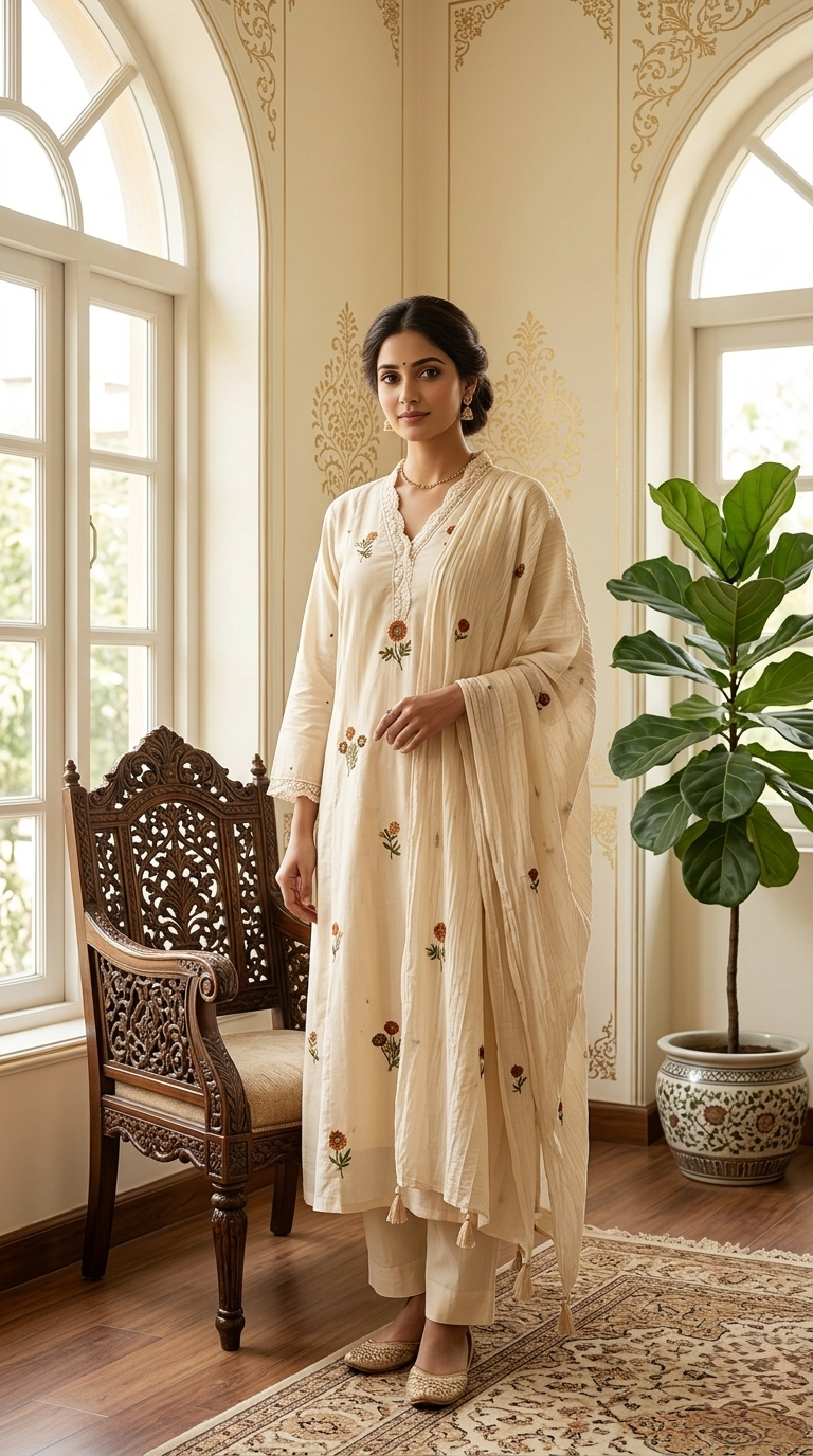 Women Beige Marigold Floral Resham Embroidery Cotton Kurta Pant Dupatta Set