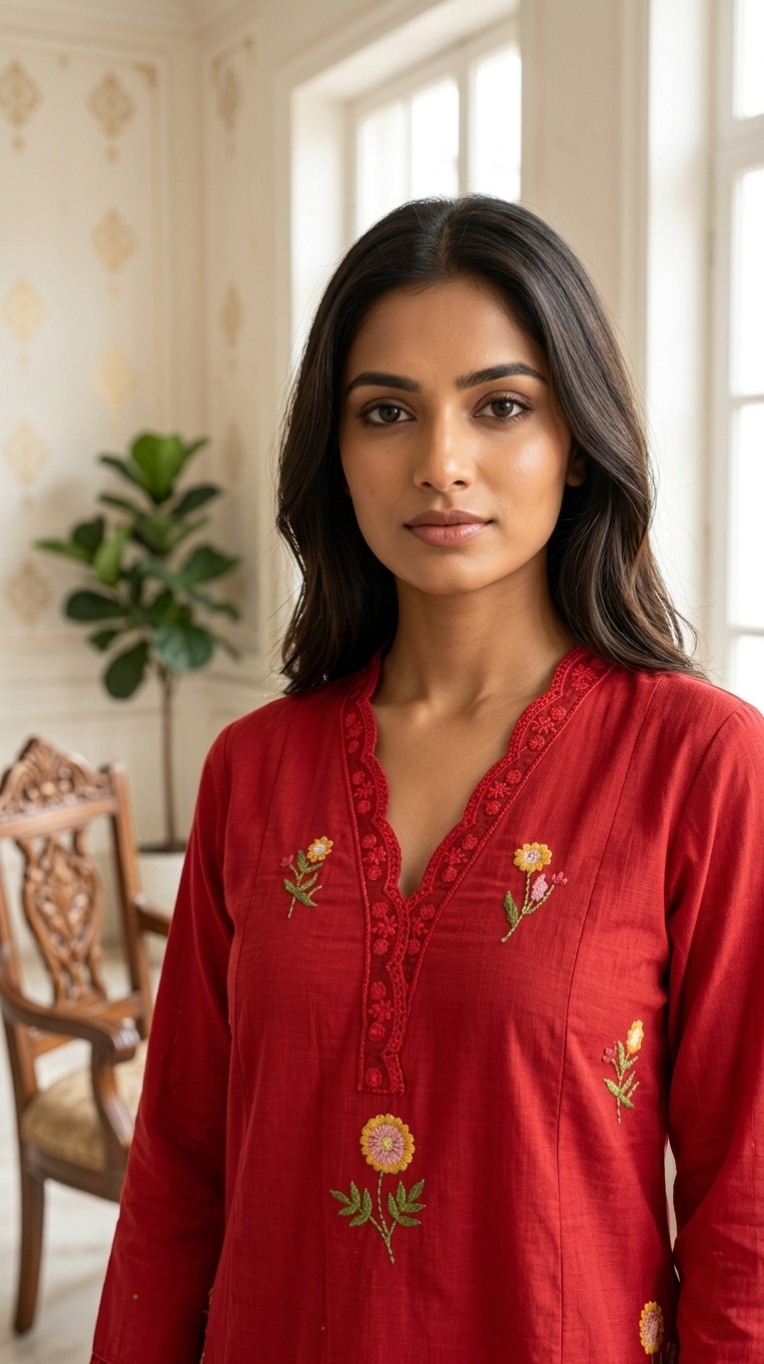Women Red Floral Buti Embroidery Cotton Kurta Pant Dupatta Set