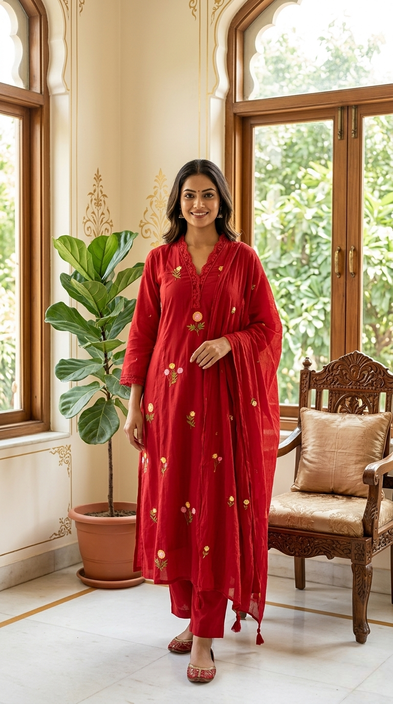 Women Red Floral Buti Embroidery Cotton Kurta Pant Dupatta Set