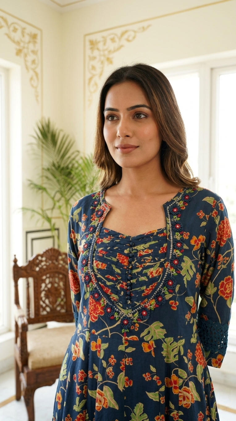 Women Navy Blue Floral Print Zari Pearl Embroidery Cotton Anarkali Kurta Pant Dupatta Set