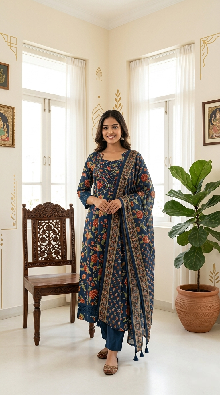 Women Navy Blue Floral Print Zari Pearl Embroidery Cotton Anarkali Kurta Pant Dupatta Set