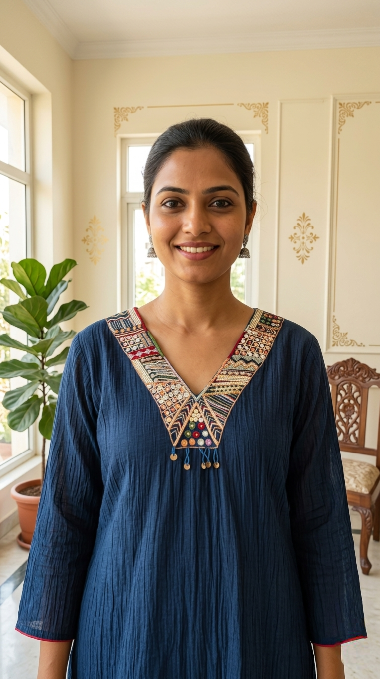 Women Navy Bead Work Embroidery Mul Chanderi Kurta Palazzo Dupatta Set