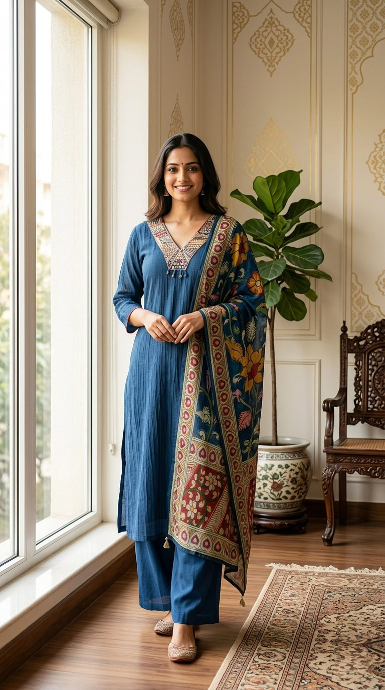 Women Navy Bead Work Embroidery Mul Chanderi Kurta Palazzo Dupatta Set