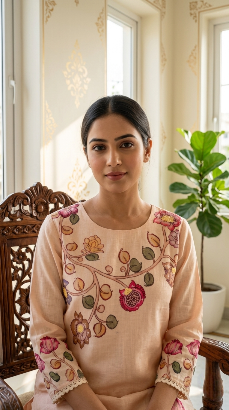 Women Peach Botanical Floral Embroidery Cotton Linen Kurta Pant Dupatta Set