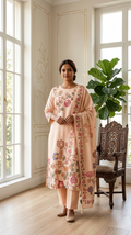 Women Peach Botanical Floral Embroidery Cotton Linen Kurta Pant Dupatta Set