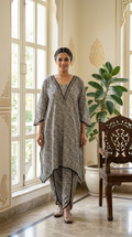 Women Grey Paisley Print Mirror Work Kaftan Cotton Kurta Pant Set