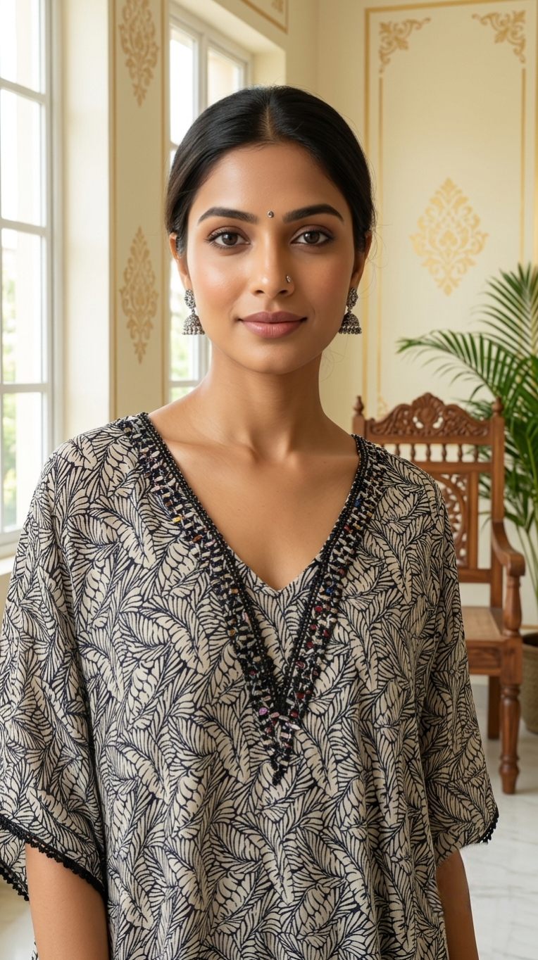 Women Grey Paisley Print Mirror Work Kaftan Cotton Kurta Pant Set
