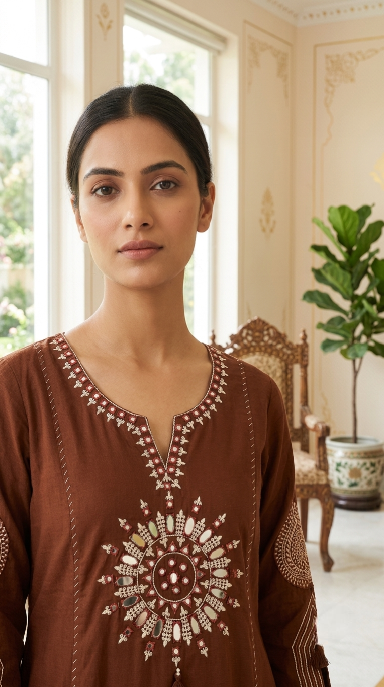 Women Chocolate Brown Mirror Work Mandala Embroidery Cotton Kurta Pant Dupatta Set
