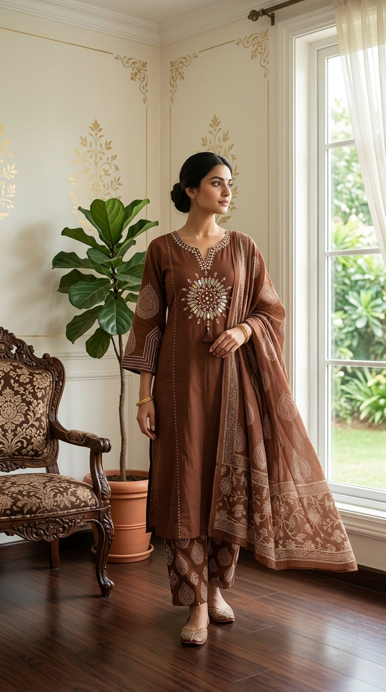 Women Chocolate Brown Mirror Work Mandala Embroidery Cotton Kurta Pant Dupatta Set