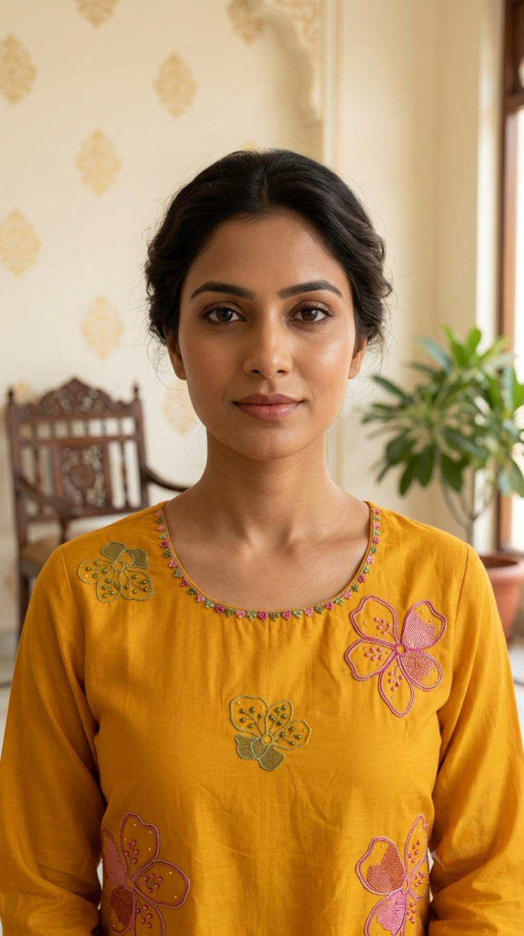 Women Mustard Yellow Floral Embroidery Cotton Kurta Pant Dupatta Set