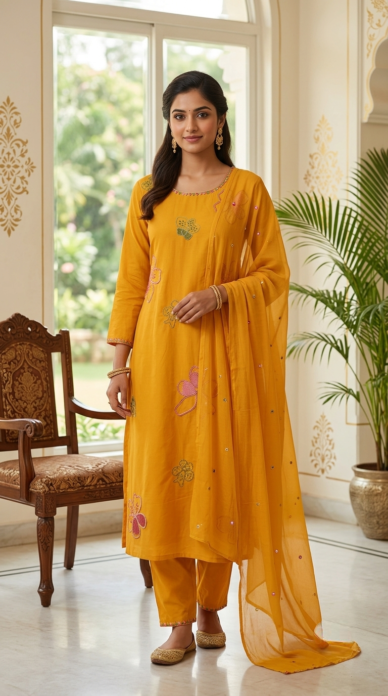 Women Mustard Yellow Floral Embroidery Cotton Kurta Pant Dupatta Set