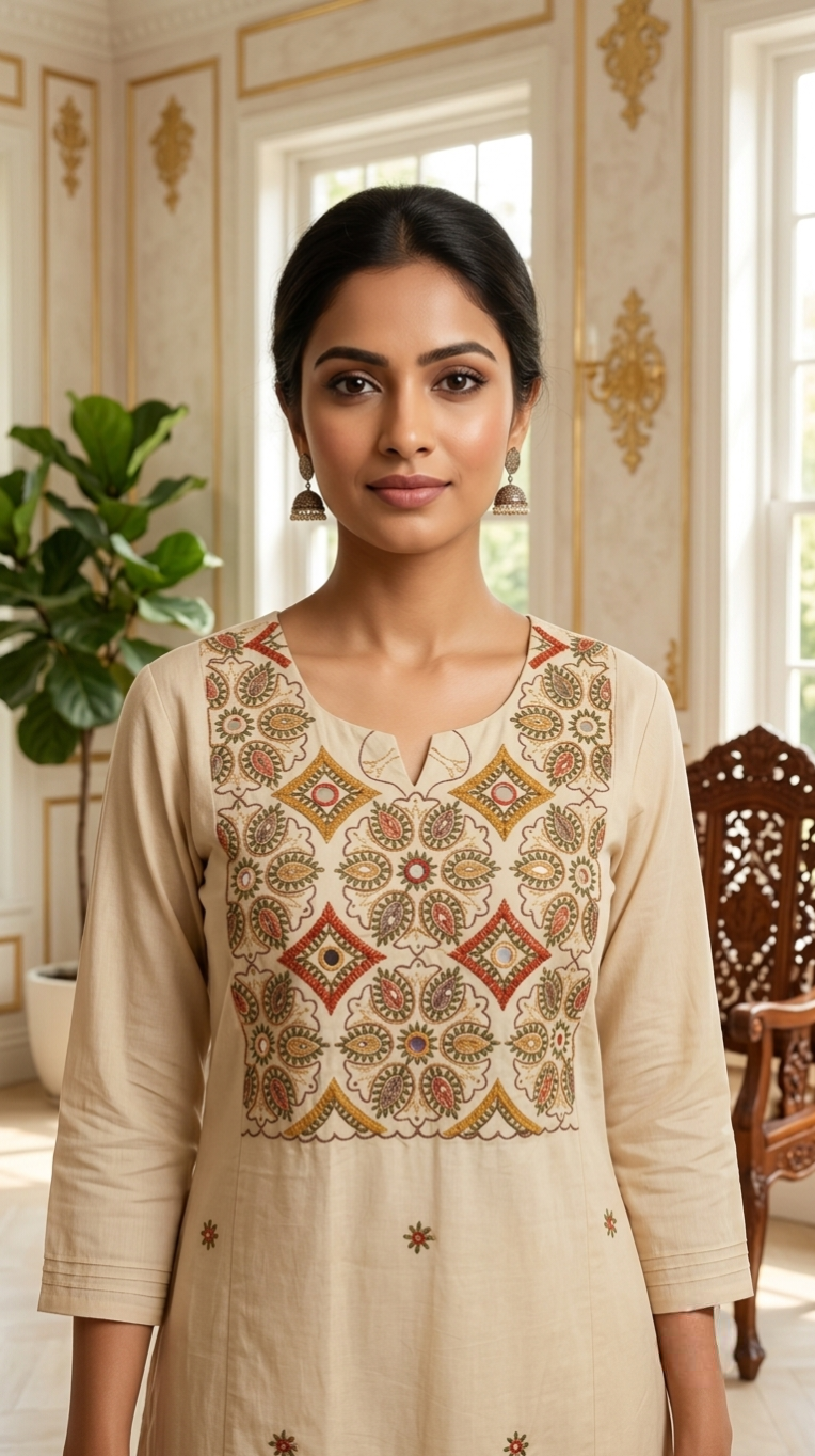 Women Beige Geometric Paisley Thread Mirror Work Embroidery Cotton Kurta Pant Dupatta Set