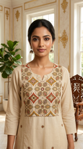 Women Beige Geometric Paisley Thread Mirror Work Embroidery Cotton Kurta Pant Dupatta Set