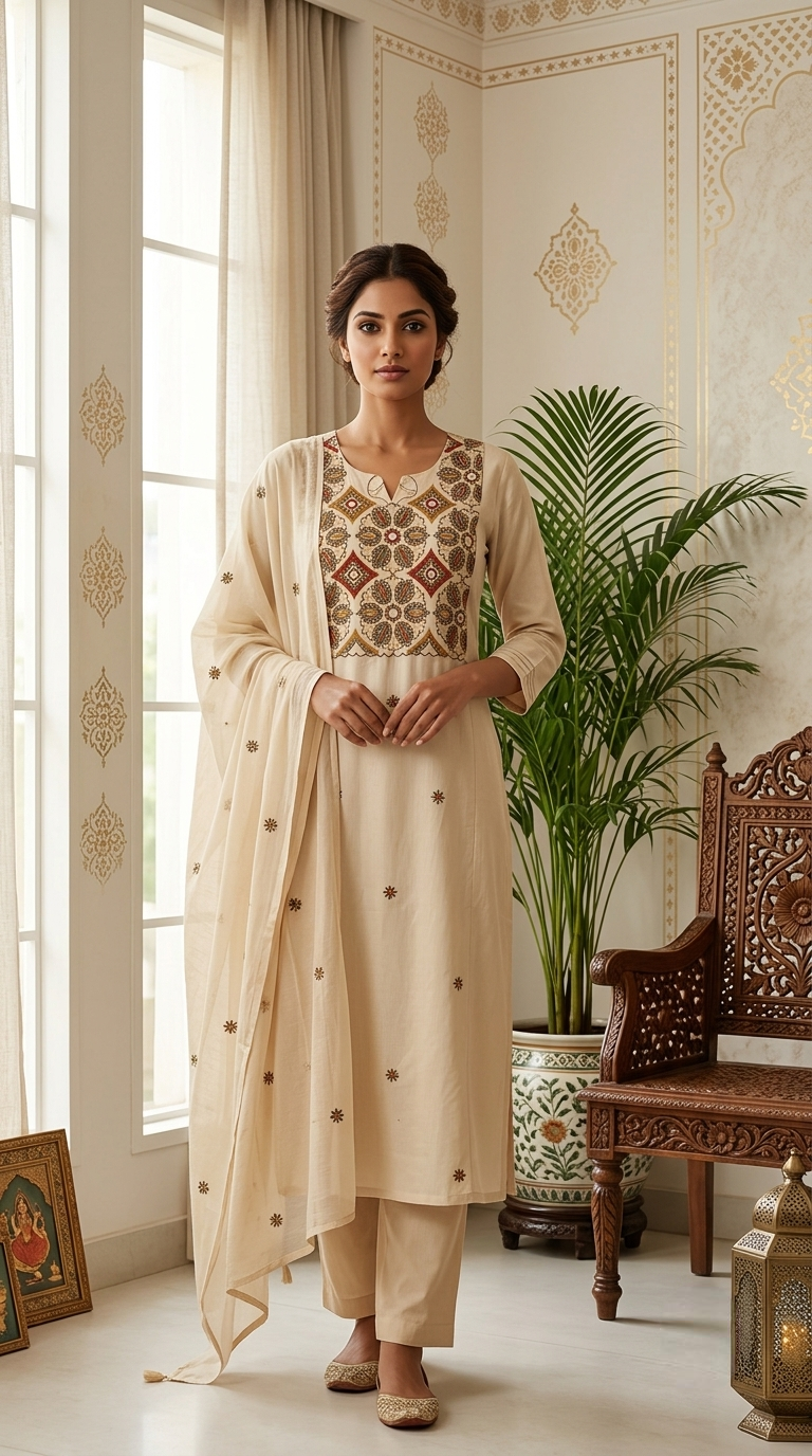 Women Beige Geometric Paisley Thread Mirror Work Embroidery Cotton Kurta Pant Dupatta Set