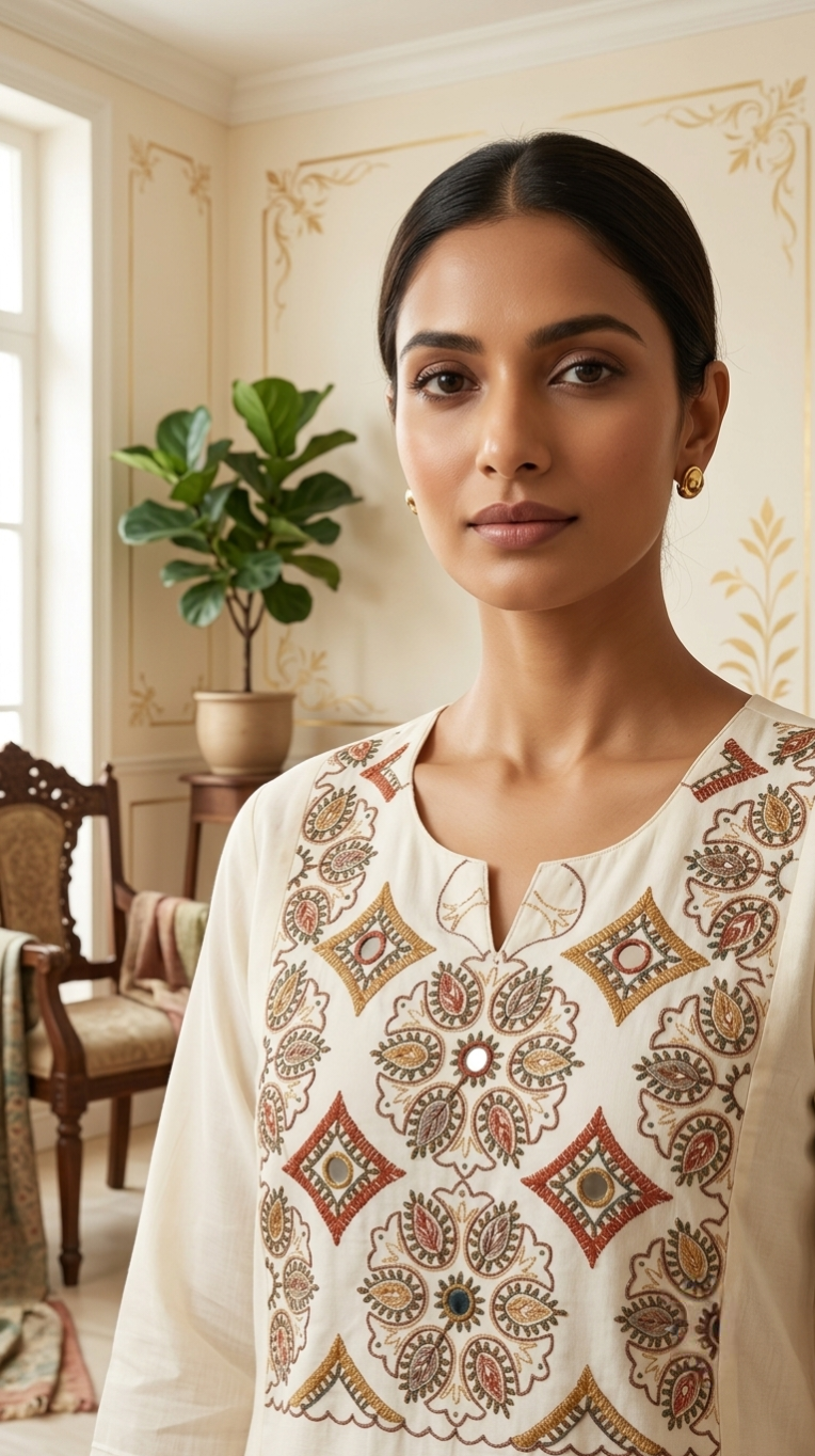 Women Off White Geometric Paisley Thread Mirror Work Embroidery Cotton Kurta Pant Dupatta Set