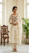 Women Off White Geometric Paisley Thread Mirror Work Embroidery Cotton Kurta Pant Dupatta Set