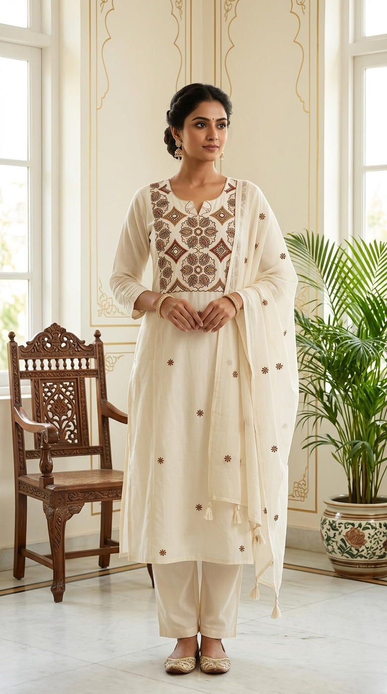 Women Off White Geometric Paisley Thread Mirror Work Embroidery Cotton Kurta Pant Dupatta Set