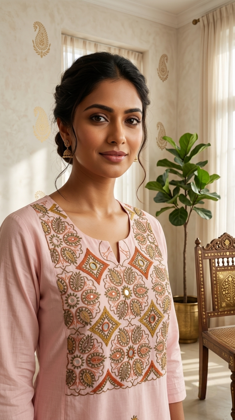 Women Pink Geometric Paisley Thread Mirror Work Embroidery Cotton Kurta Pant Dupatta Set