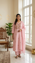 Women Pink Geometric Paisley Thread Mirror Work Embroidery Cotton Kurta Pant Dupatta Set