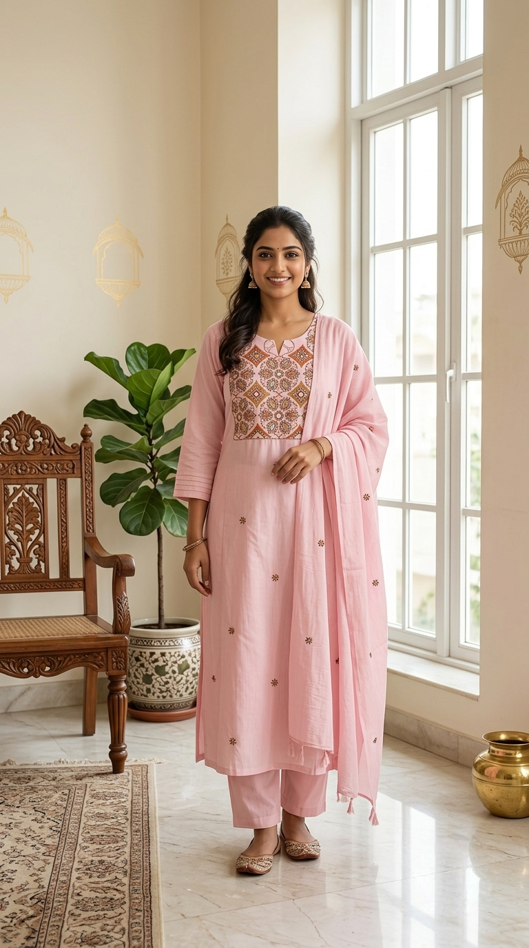 Women Pink Geometric Paisley Thread Mirror Work Embroidery Cotton Kurta Pant Dupatta Set