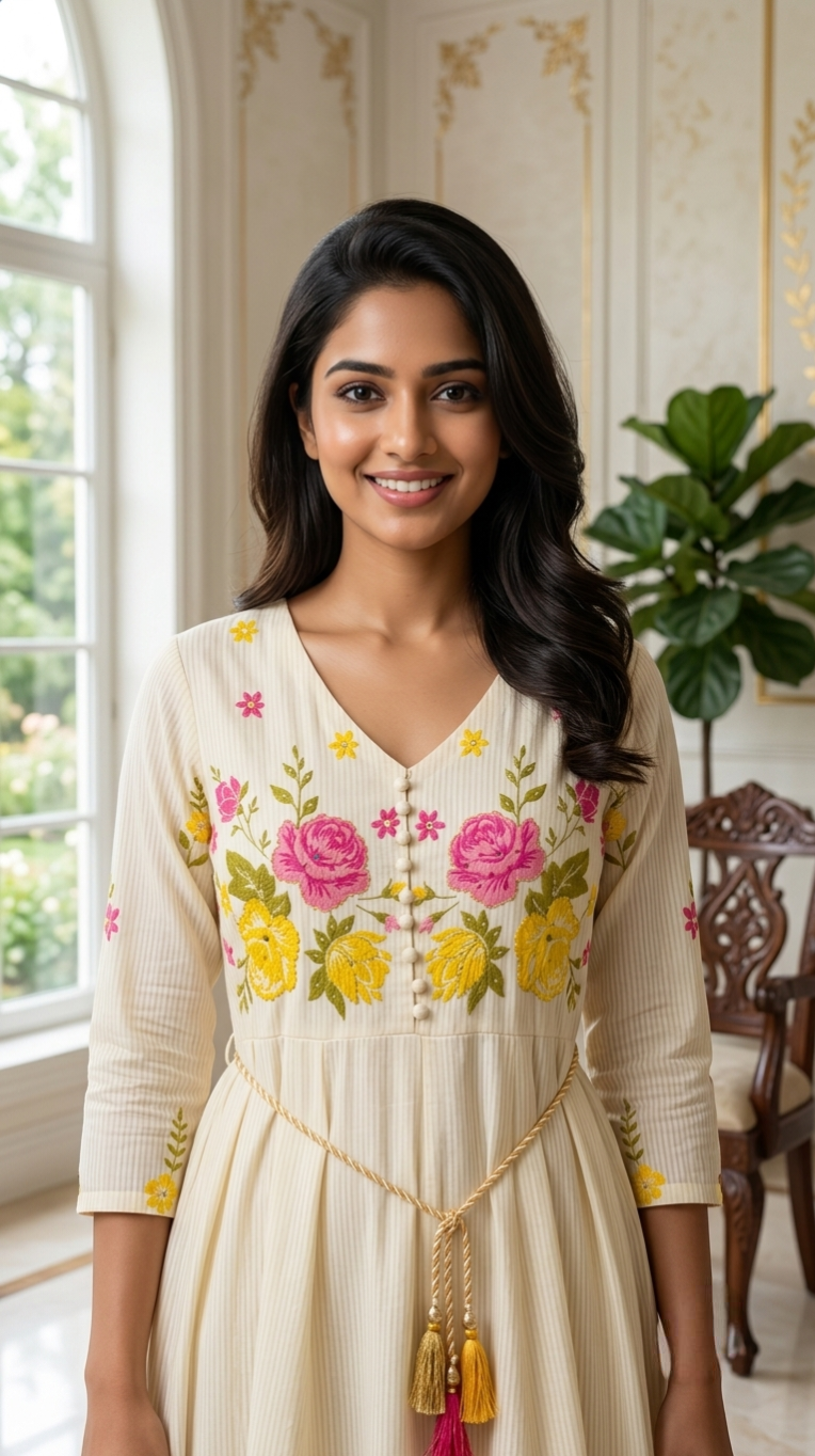 Women Cream Yellow Rose Floral Embroidery Cotton Anarkali Kurta Pant Dupatta Set
