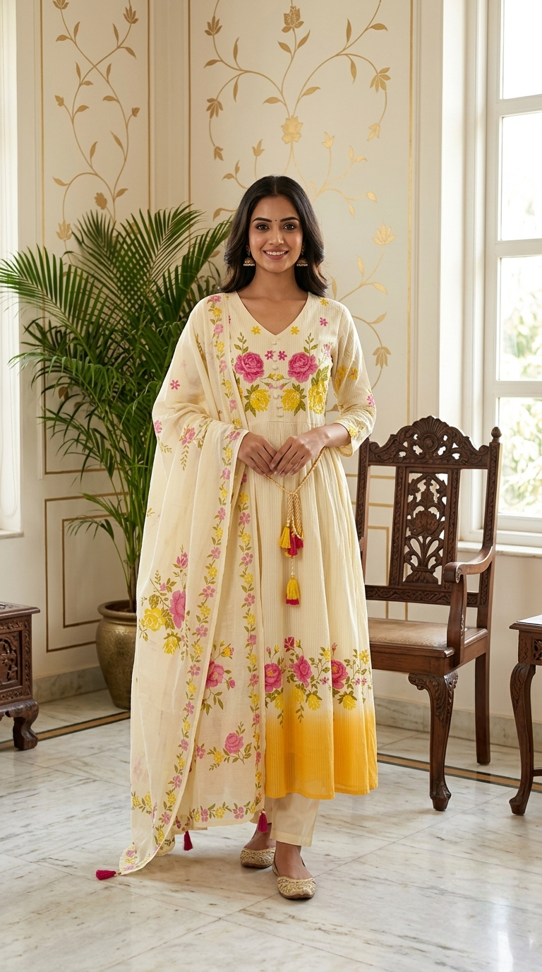 Women Cream Yellow Rose Floral Embroidery Cotton Anarkali Kurta Pant Dupatta Set