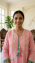 Women Baby Pink Floral Thread Work Tassel Dori Cotton Kurta Palazzo Set
