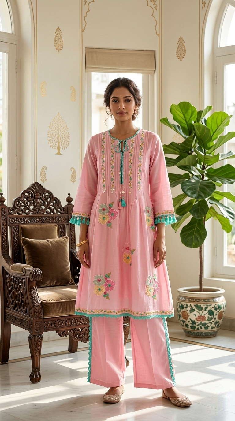 Women Baby Pink Floral Thread Work Tassel Dori Cotton Kurta Palazzo Set