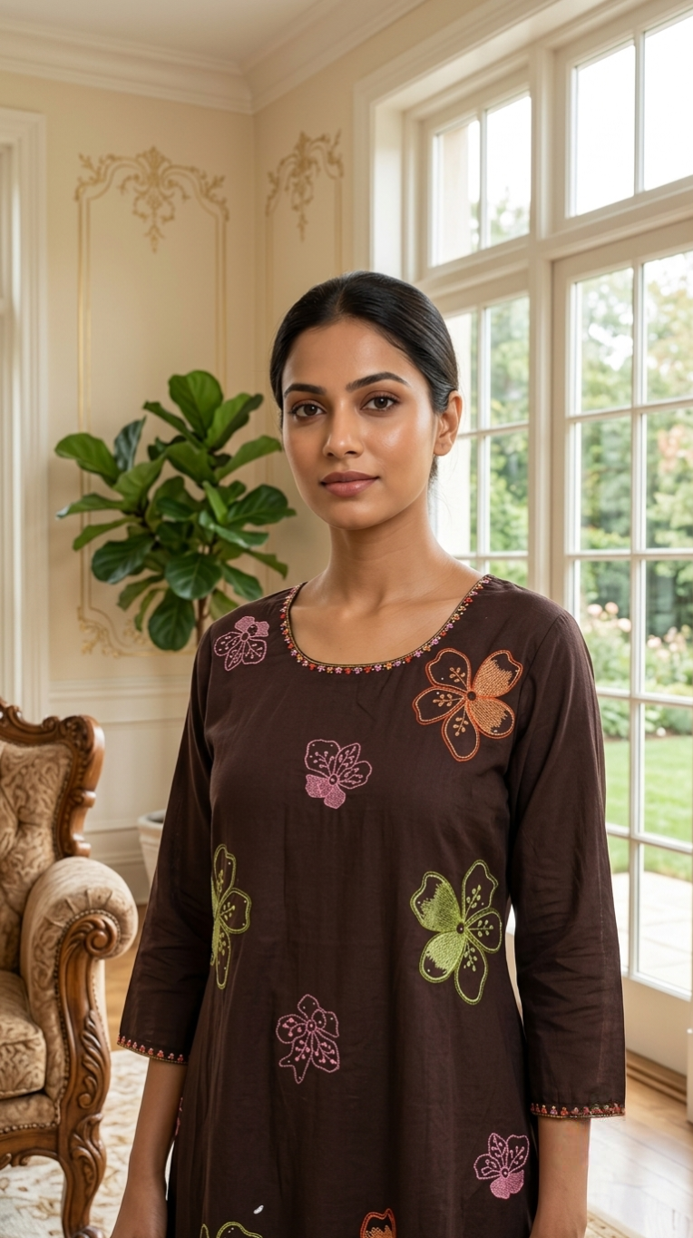 Women Coffee Brown Floral Embroidery Cotton Kurta Pant Dupatta Set