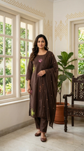 Women Coffee Brown Floral Embroidery Cotton Kurta Pant Dupatta Set
