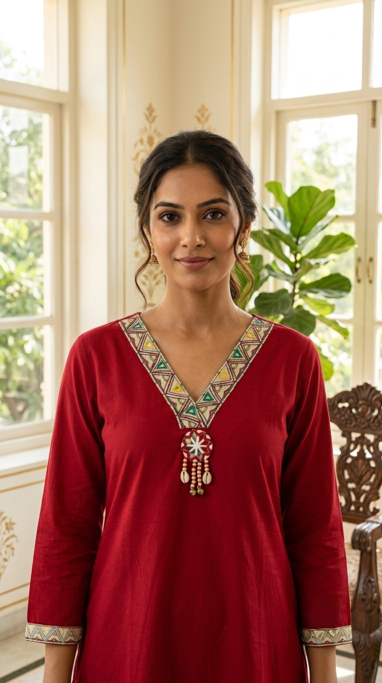 Women Red Kutch Patch Mirror Work Cotton Kurta Palazzo Kalamkari Dupatta Set
