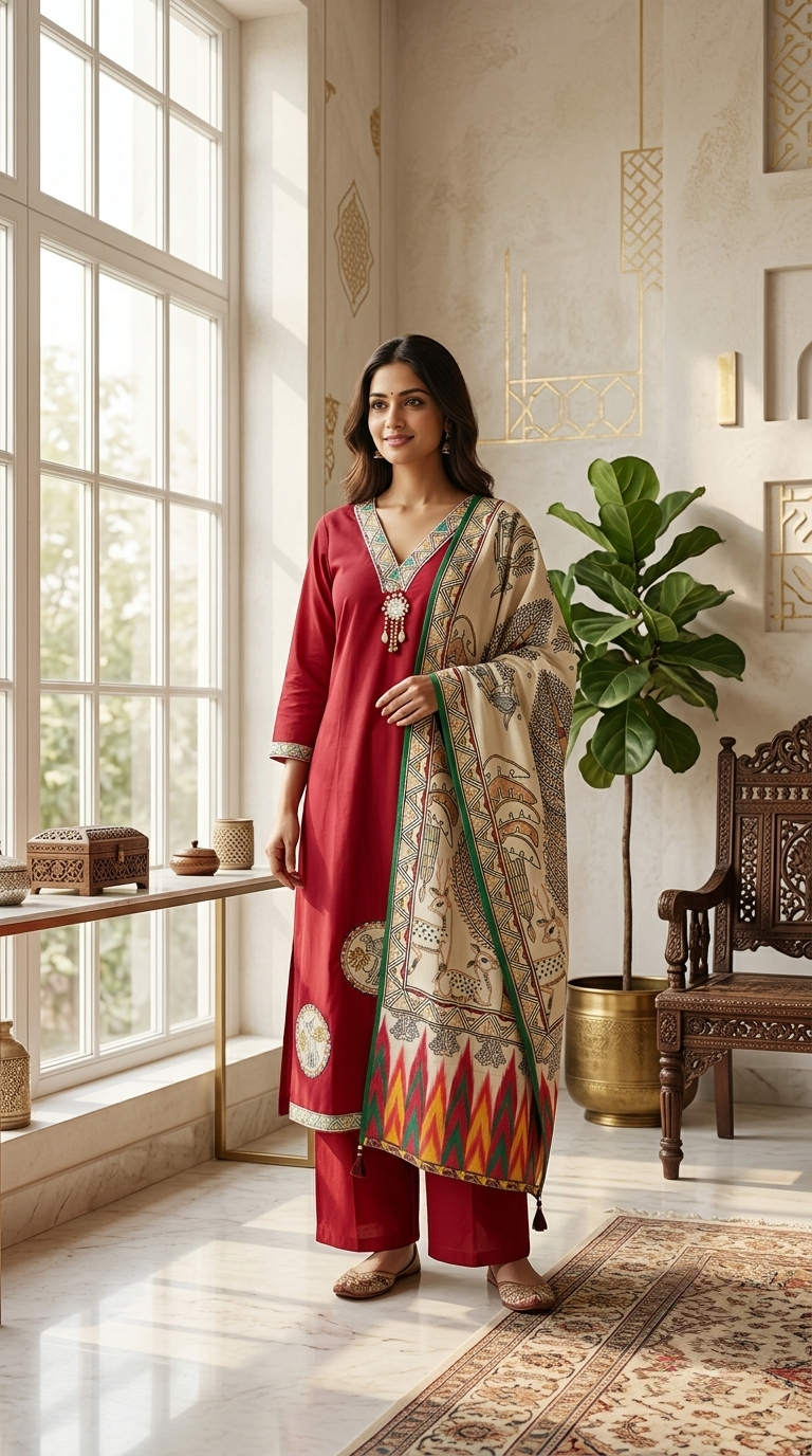 Women Red Kutch Patch Mirror Work Cotton Kurta Palazzo Kalamkari Dupatta Set