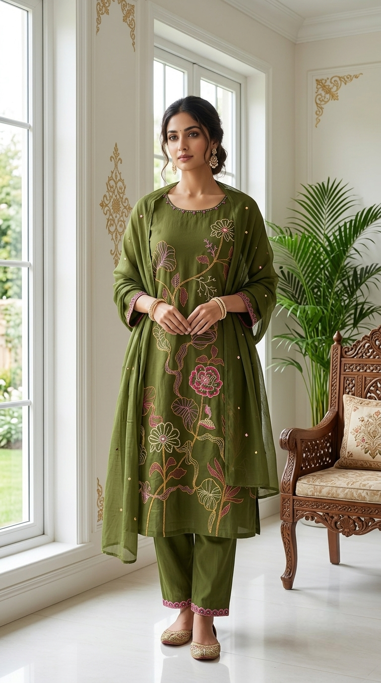 Women Mehandi Green Botanical Floral Vine Zari Pearl Embroidery Cotton Kurta Pant Dupatta Set