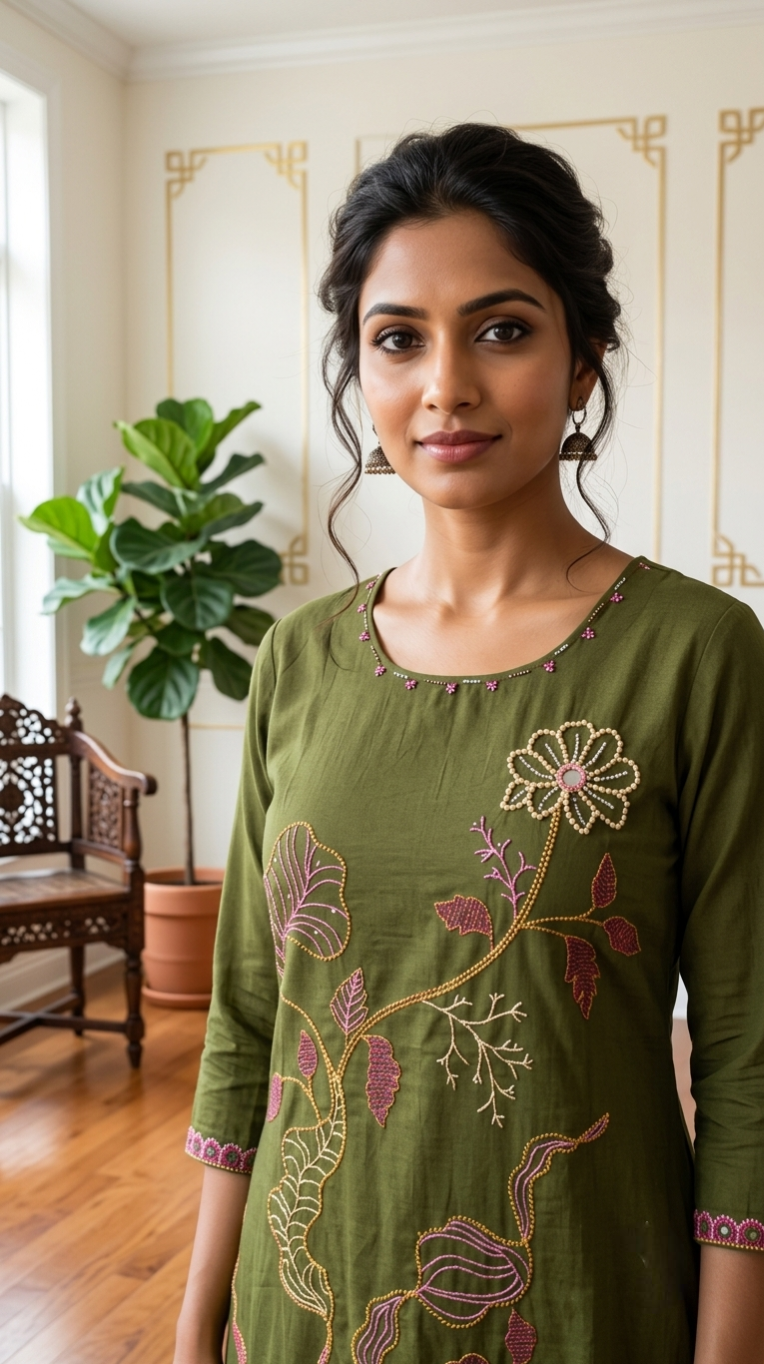 Women Mehandi Green Botanical Floral Vine Zari Pearl Embroidery Cotton Kurta Pant Dupatta Set