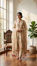 Women Beige Kantha Stitch Kalamkari Peacock Print Cotton Linen Kurta Pant Dupatta Set