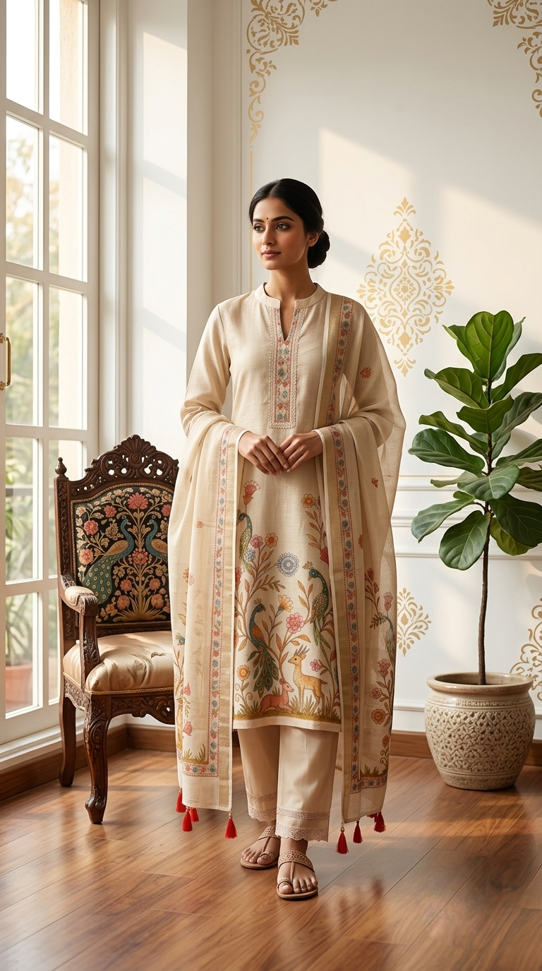 Women Beige Kantha Stitch Kalamkari Peacock Print Cotton Linen Kurta Pant Dupatta Set