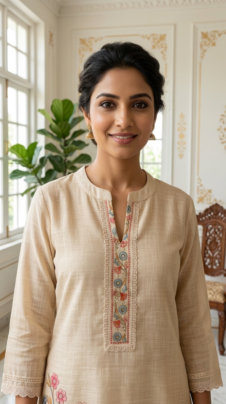 Women Beige Kantha Stitch Kalamkari Peacock Print Cotton Linen Kurta Pant Dupatta Set