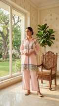 Women Baby Pink Mughal Floral Arabesque Embroidery Cotton Coord Set