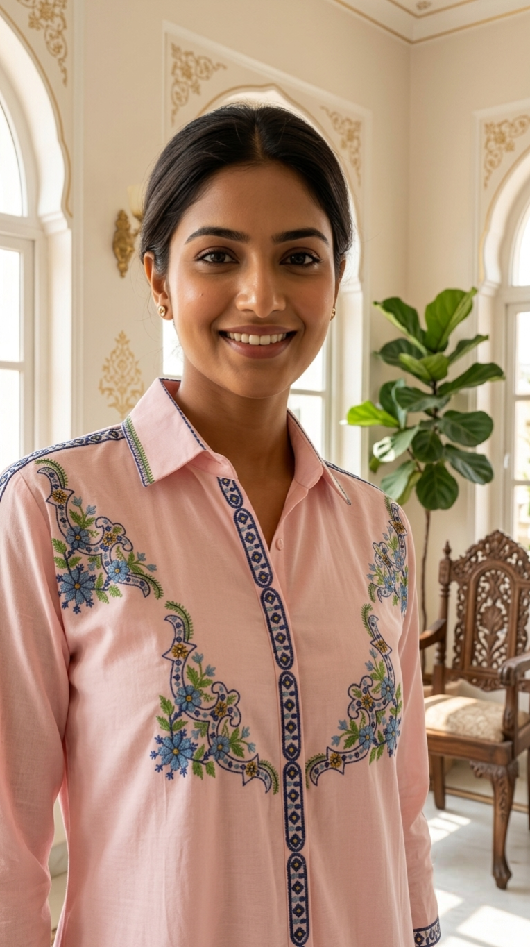 Women Baby Pink Mughal Floral Arabesque Embroidery Cotton Coord Set