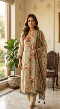 Women Beige Floral Bouquet Kantha Stitch Embroidery Chanderi Silk Kurta Pant Dupatta Set