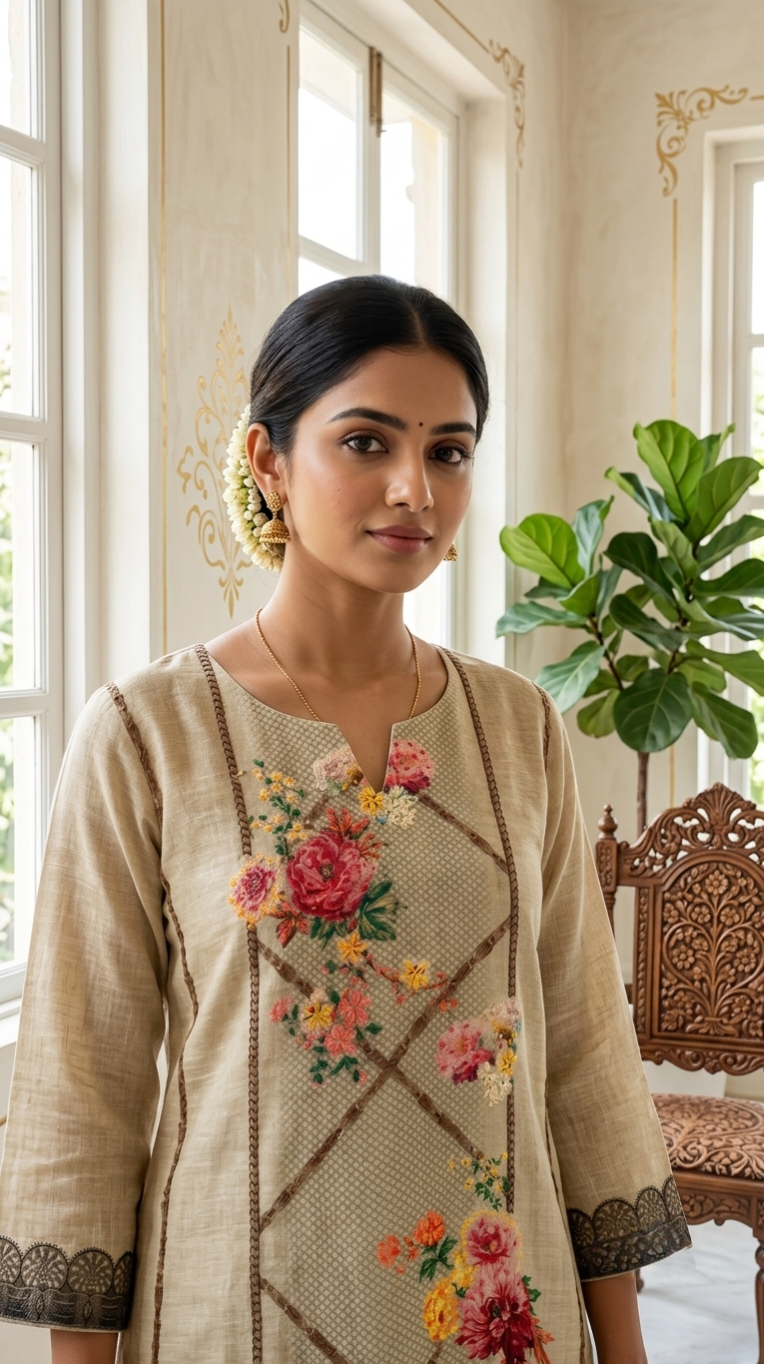 Women Beige Floral Bouquet Kantha Stitch Embroidery Chanderi Silk Kurta Pant Dupatta Set
