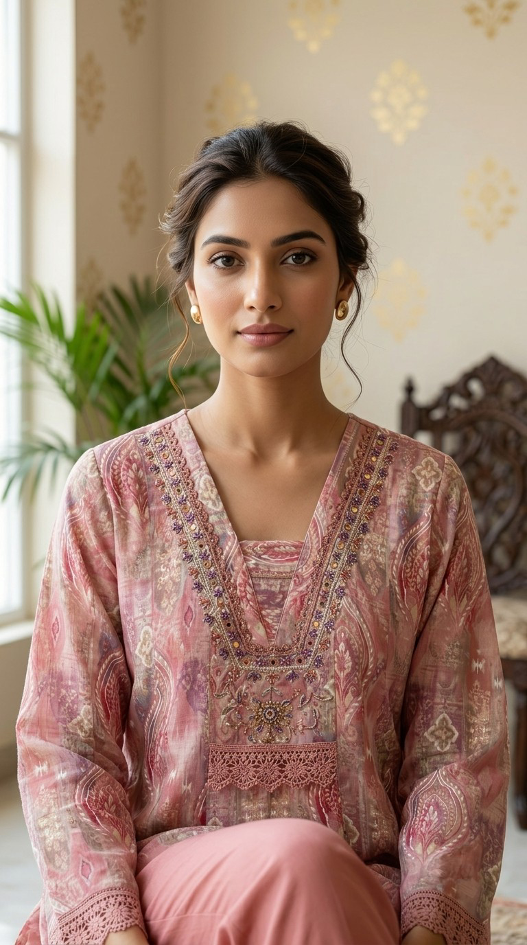 Women Onion Pink Paisley Print Zari Sequin Kundan Embroidery Chinon Kurta Pant Dupatta Set