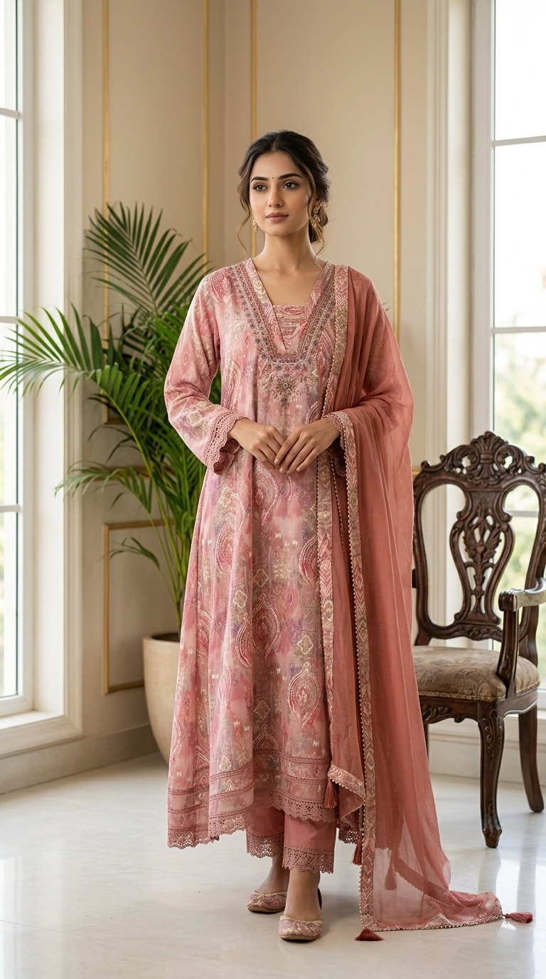 Women Onion Pink Paisley Print Zari Sequin Kundan Embroidery Chinon Kurta Pant Dupatta Set