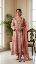 Women Onion Pink Paisley Print Zari Sequin Kundan Embroidery Chinon Kurta Pant Dupatta Set