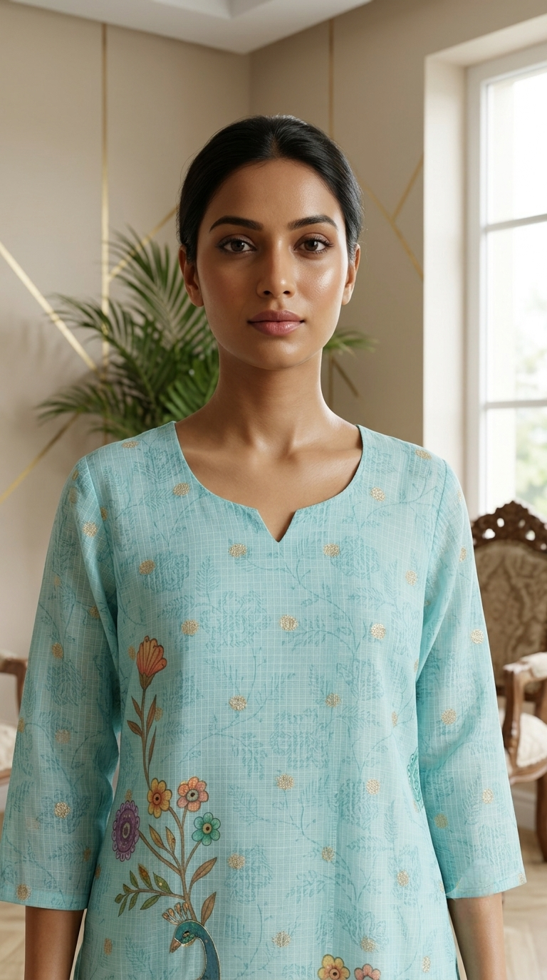 Women Sky Blue Kalamkari Peacock Print Zari Butti Kota Cotton Kurta Pant Dupatta Set