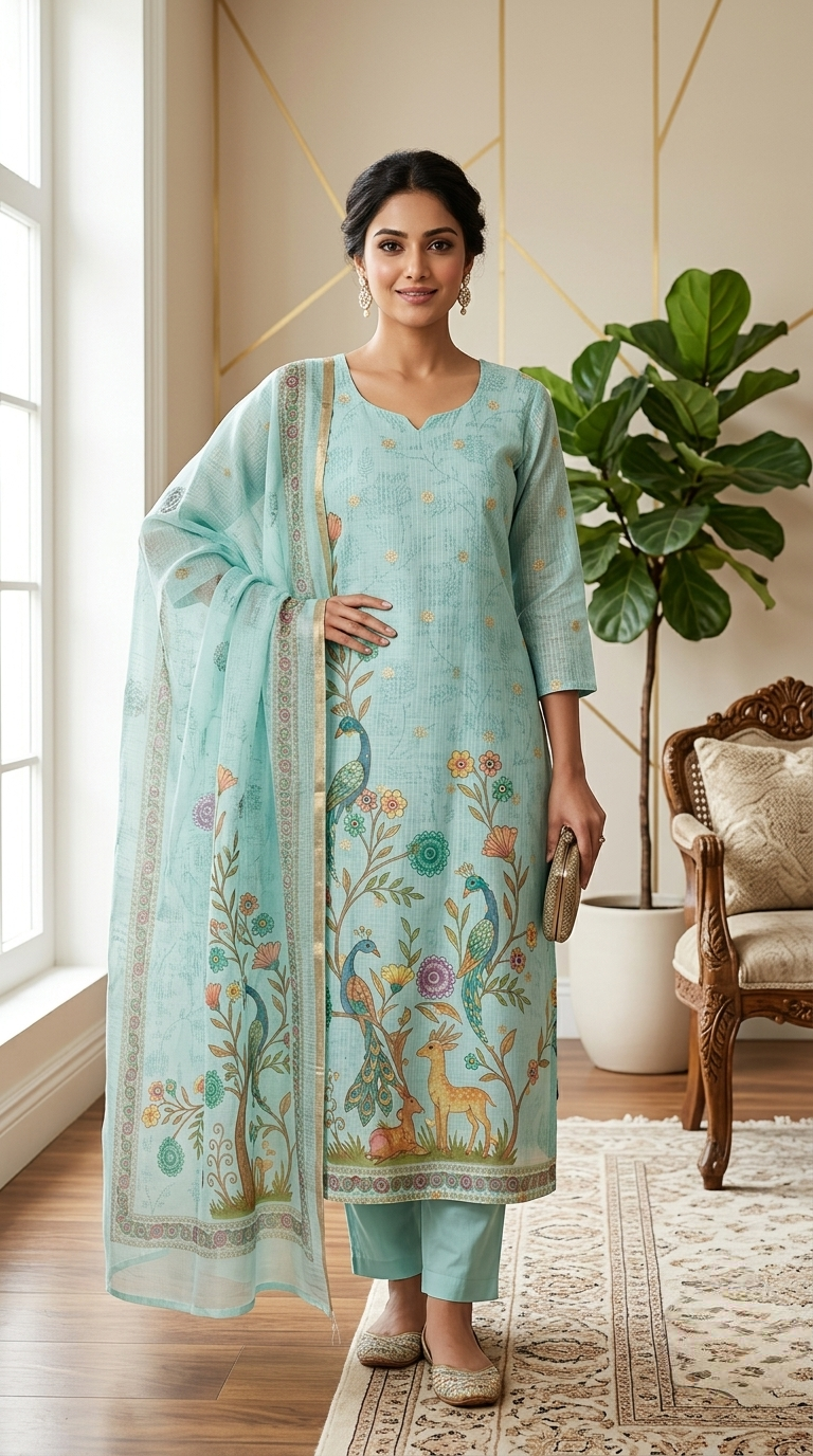 Women Sky Blue Kalamkari Peacock Print Zari Butti Kota Cotton Kurta Pant Dupatta Set